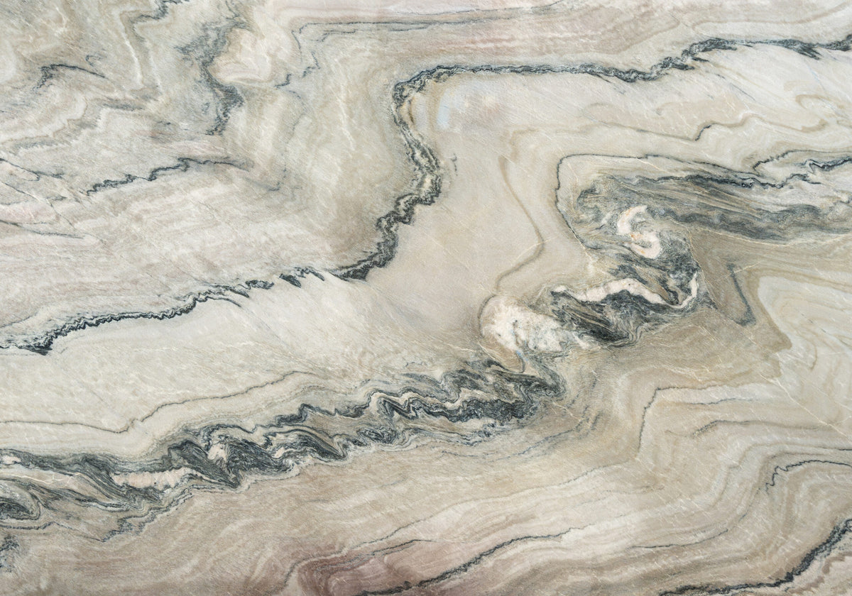 Quartzite Slabs Royal Macaubas quartzite slabs, top-down product view. Premium quartzite for floors and walls.
