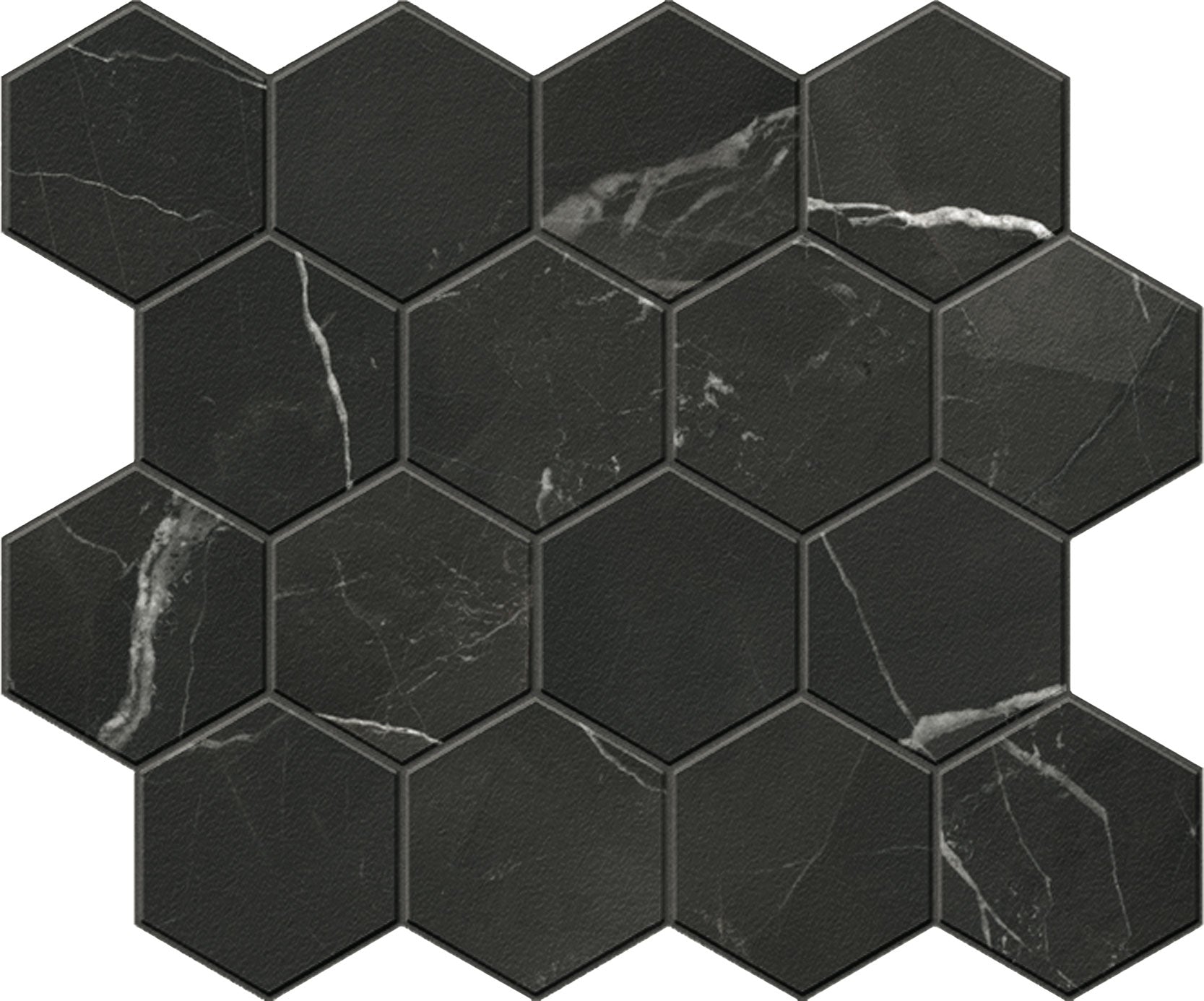 CHARME EVO Calacatta Black porcelain mosaic, top-down product view, 12"×10"×11/32" size. Premium porcelain for floors and walls.