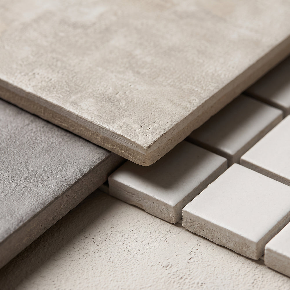 Runway Porcelain Tile Blanc porcelain mosaic, top-down product view, 12"×12"×5/16" size. Premium porcelain for floors and walls.
