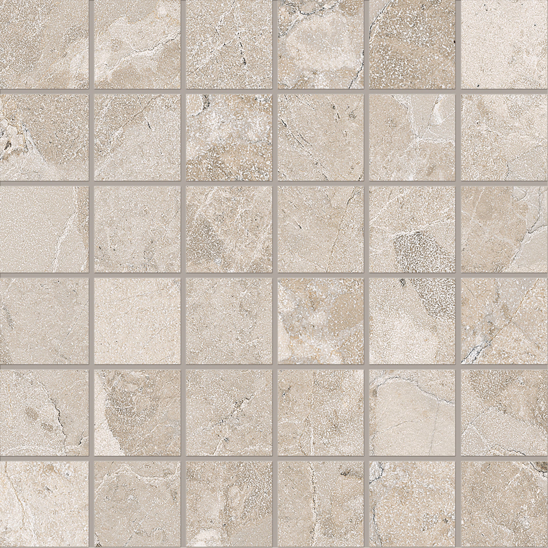 Matera Stone Greige porcelain mosaic tile by Emil, silktech finish, 11 13/16"x11 13/16"x9-mm size. Premium Italian porcelain for floors and walls.