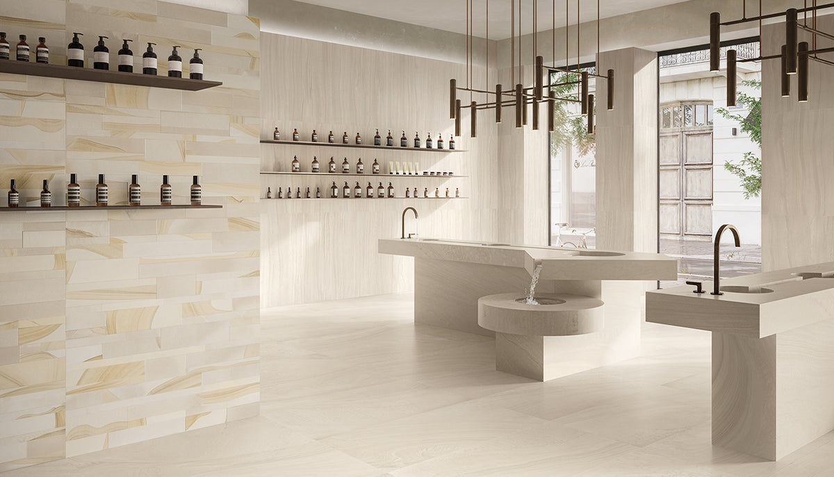 Varana Stone Beige porcelain field tile by Emil, silktech plus finish, 23 5/8"x47 1/4"x9-mm size. Premium Italian porcelain for floors and walls.