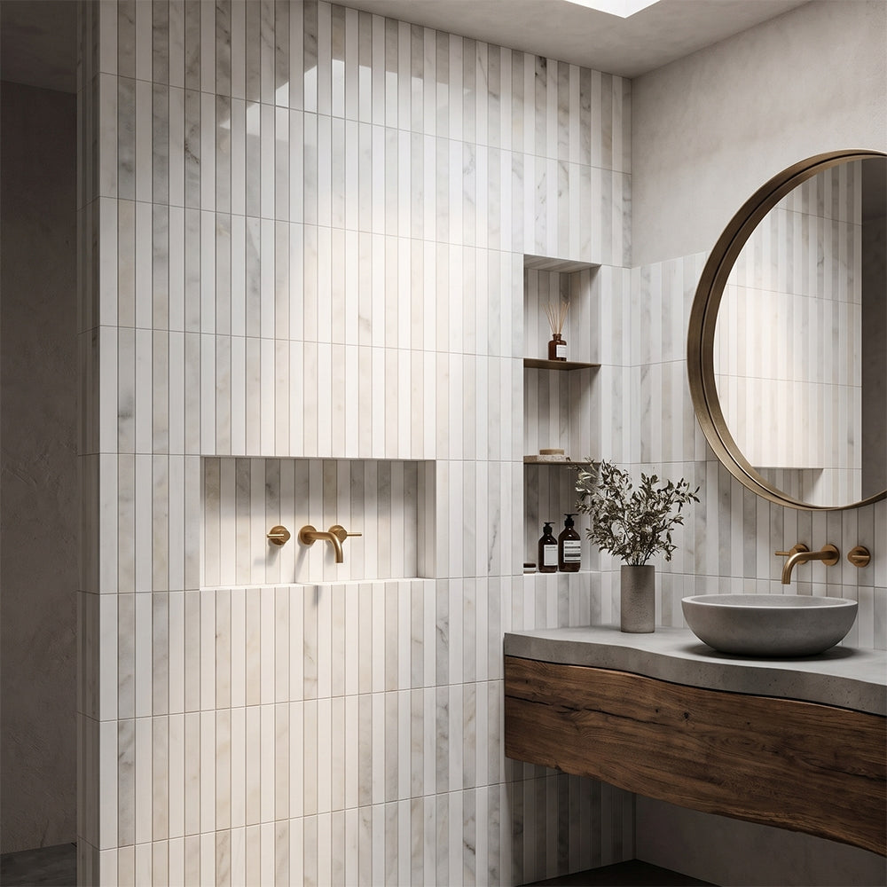 Calacatta Renaissance Honed Snow White, Calacatta marble mosaic, top-down product view, 12"×12"×3/8" size. Premium marble for floors and walls.