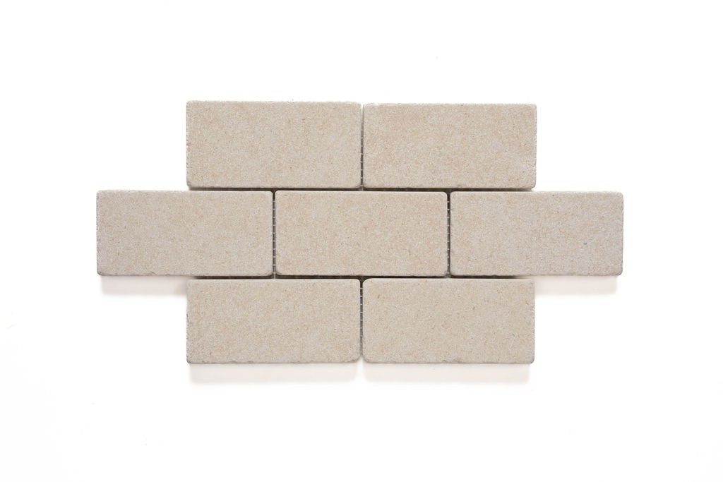 Gascogne Beige limestone mosaic, top-down product view, 6"×12" size. Premium limestone for floors and walls.