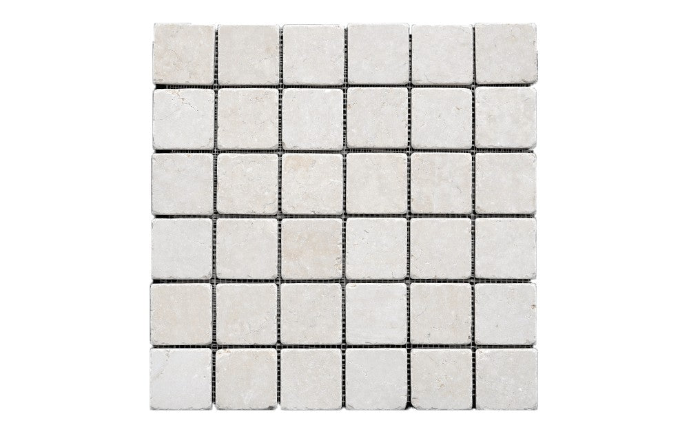 Ismailia Cream limestone mosaic, alternate product view, 12 5/8"×12 5/8" size. Premium limestone for floors and walls.
