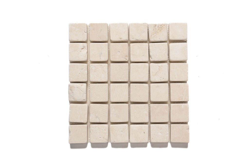 Ismailia Cream limestone mosaic, top-down product view, 11 1/8"×11 1/8" size. Premium limestone for floors and walls.