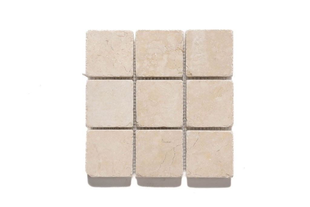 Ismailia Cream limestone mosaic, top-down product view, 12 5/8"×12 5/8" size. Premium limestone for floors and walls.