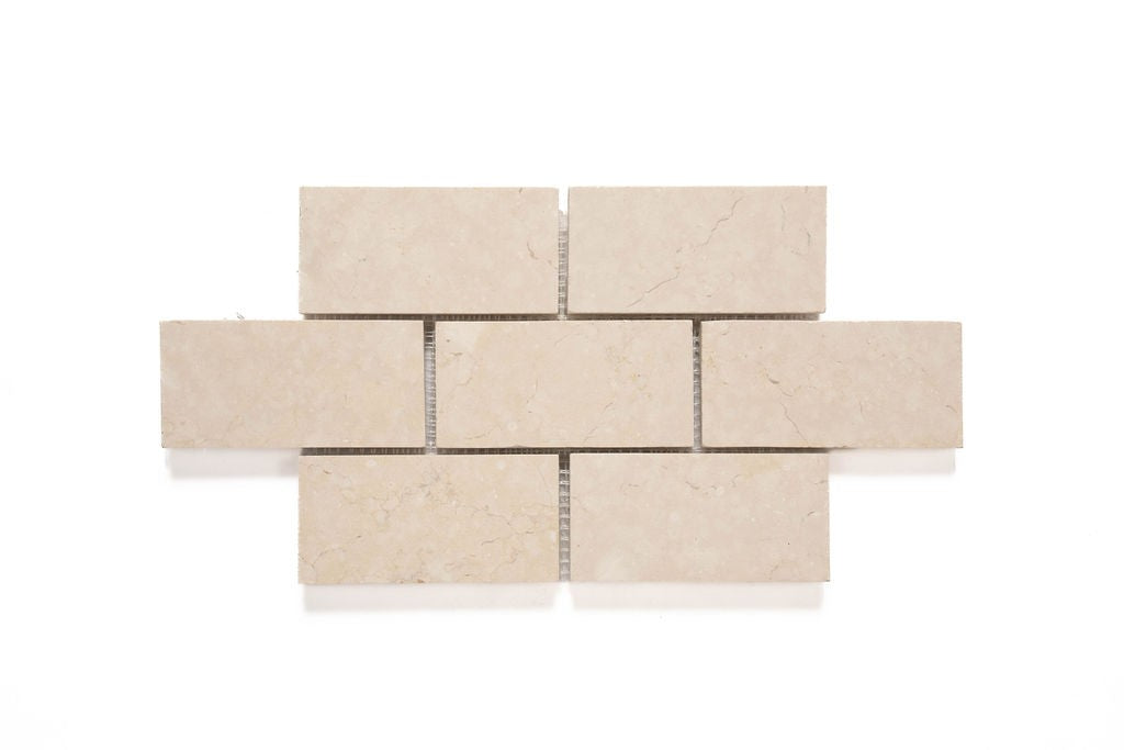 Ismailia Cream limestone mosaic, top-down product view, 6"×12" size. Premium limestone for floors and walls.