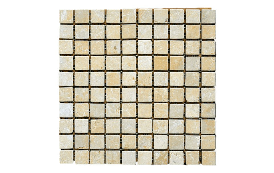 Jerusalem Gold limestone mosaic, alternate product view, 11 1/8"×11 1/8" size. Premium limestone for floors and walls.