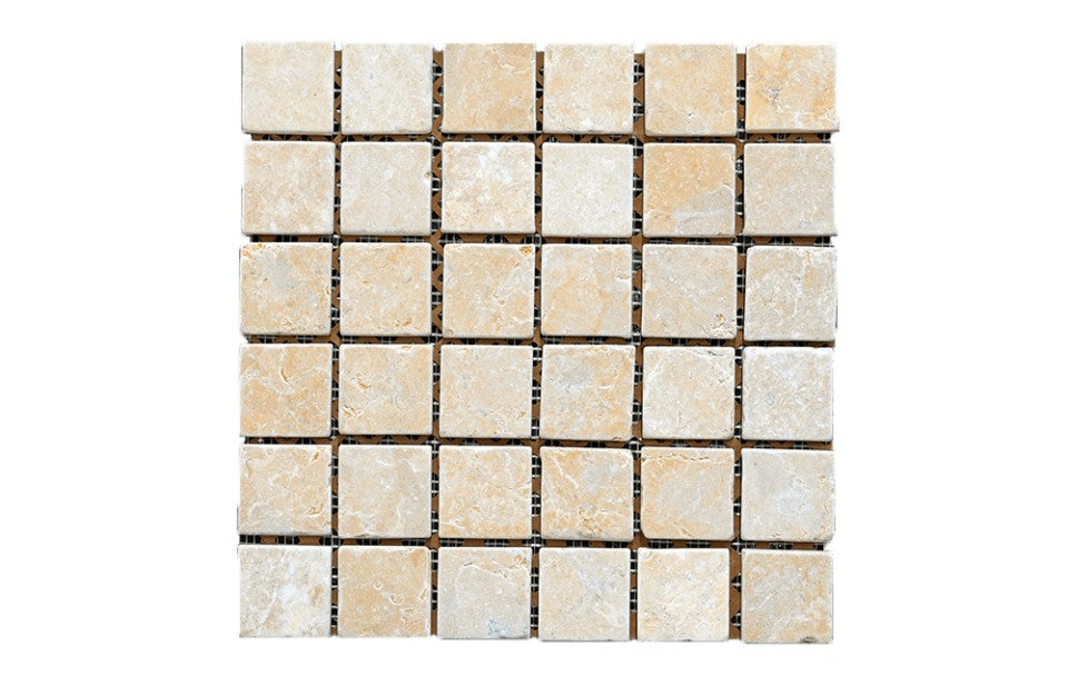 Jerusalem Gold limestone mosaic, alternate product view, 12 5/8"×12 5/8" size. Premium limestone for floors and walls.