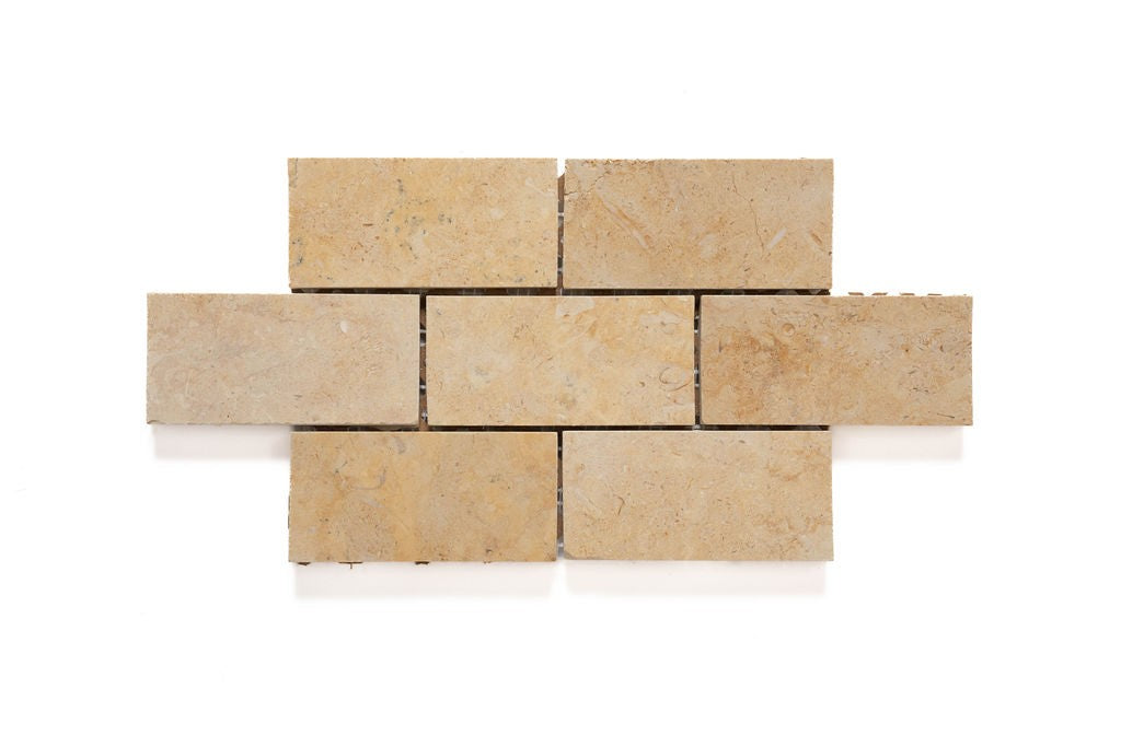 Jerusalem Gold limestone mosaic, top-down product view, 6"×12" size. Premium limestone for floors and walls.