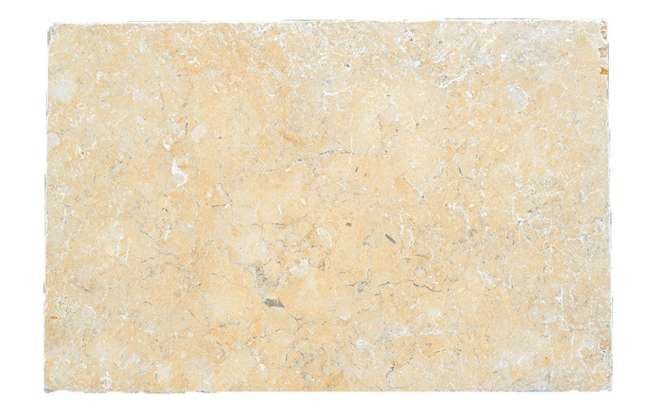 Jerusalem Gold limestone field tile, top-down product view, 16"×32"×1/2" size. Premium limestone for floors and walls.