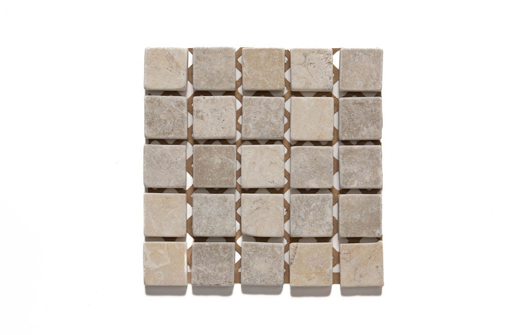 Jerusalem Grey Gold Jerusalem Grey/Gold limestone mosaic, top-down product view, 11 1/8"×11 1/8" size. Premium limestone for floors and walls.