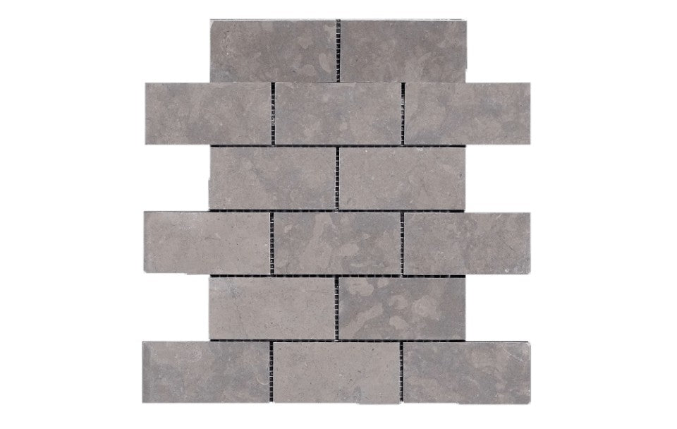 Lagos Azul limestone mosaic, top-down product view, 6"×12" size. Premium limestone for floors and walls.