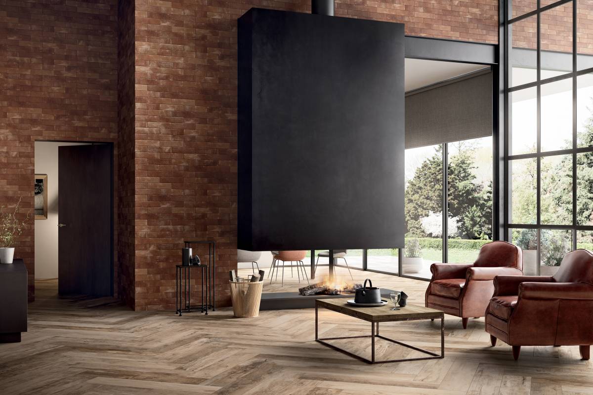 BRICK WORLD LONDON Red porcelain trim, lifestyle installation view 2, 3"×12"×11/32" size. Premium porcelain for floors and walls.
