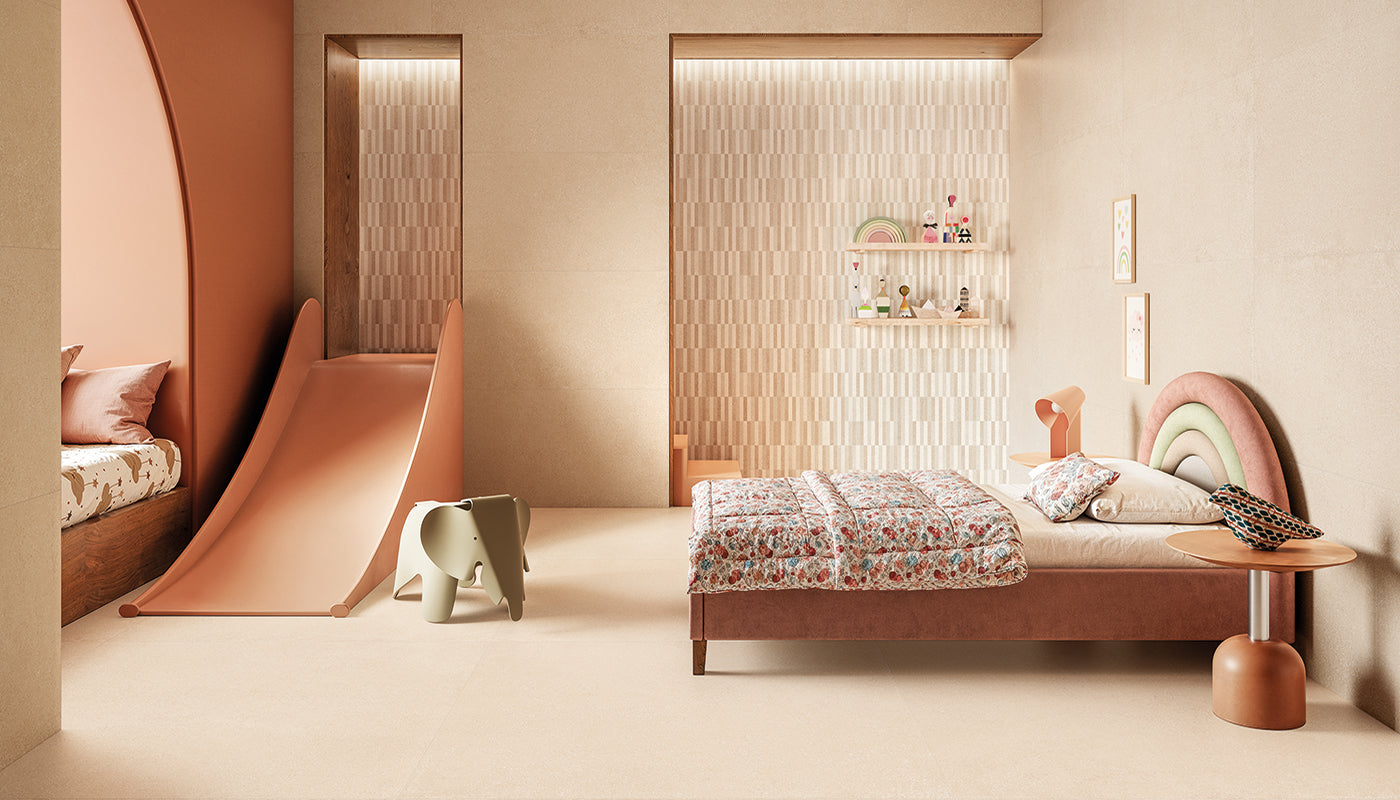 Pietra Essenza Sabbia porcelain field tile by Emil, silktech plus finish, 23 5/8"x47 1/4"x9-mm size. Premium Italian porcelain for floors and walls.