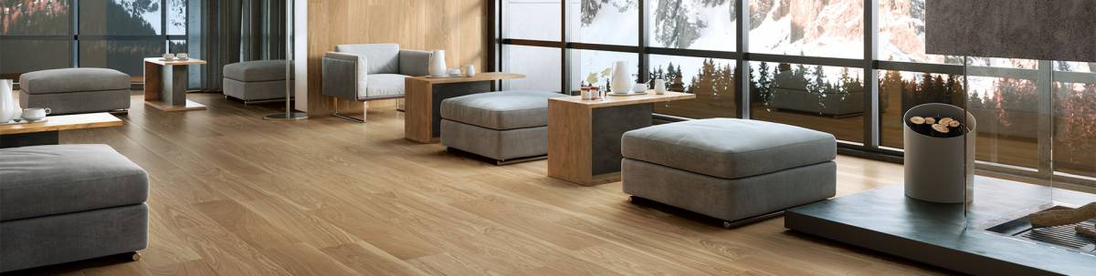 EMOTION Happy Walnut porcelain trim, lifestyle installation view 1, 6"×12"×11/32" size. Premium porcelain for floors and walls.