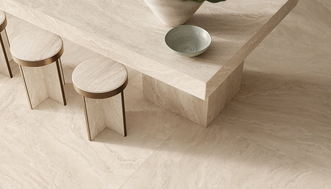 Dual Travertine Beige porcelain field tile by Emil, silktech plus finish, 23 5/8"x47 1/4"x9-mm size. Premium Italian porcelain for floors and walls.