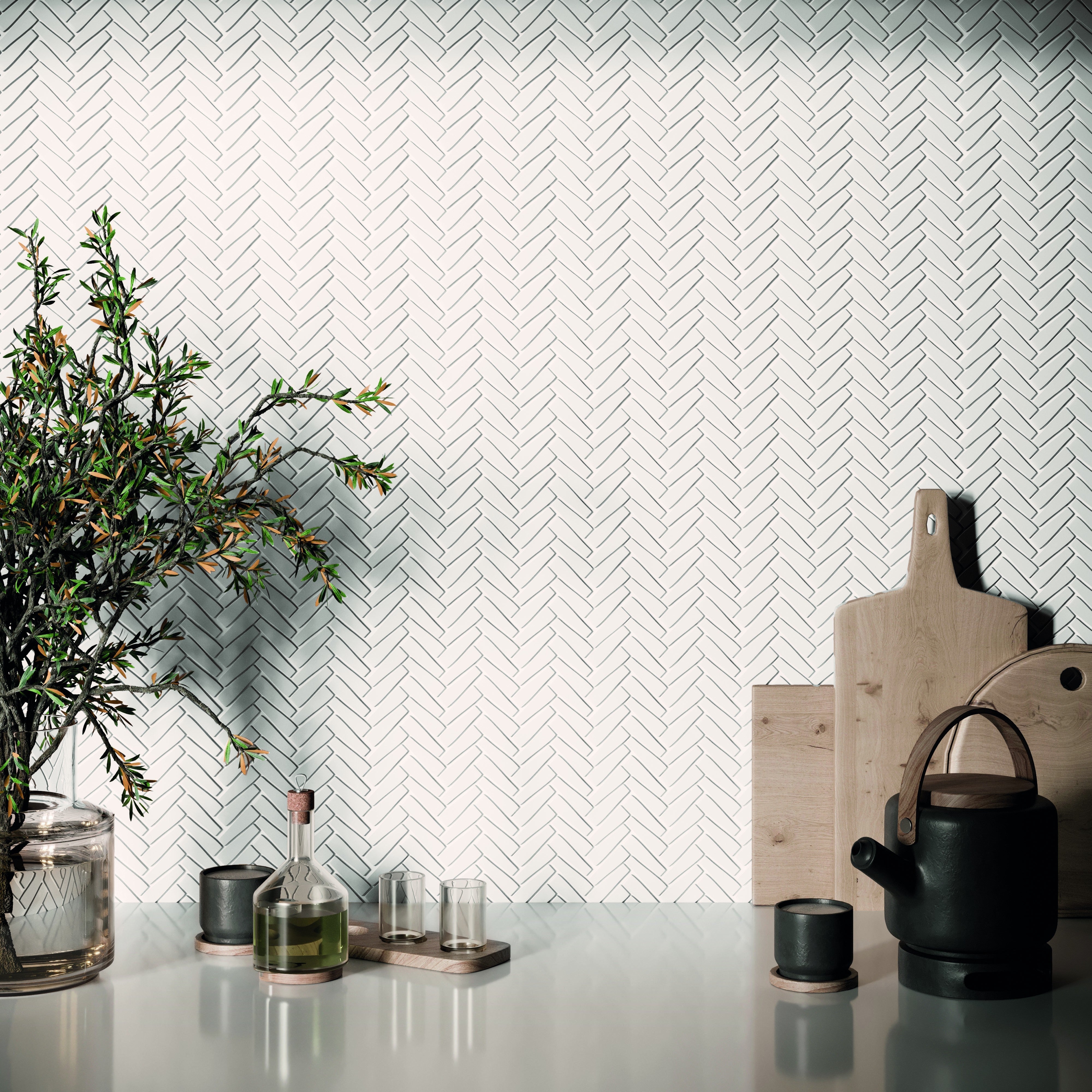 CADENCE GLASS: Crescendo White Herringbone Mosaic (11"x11"x6-mm | matte | pressed)