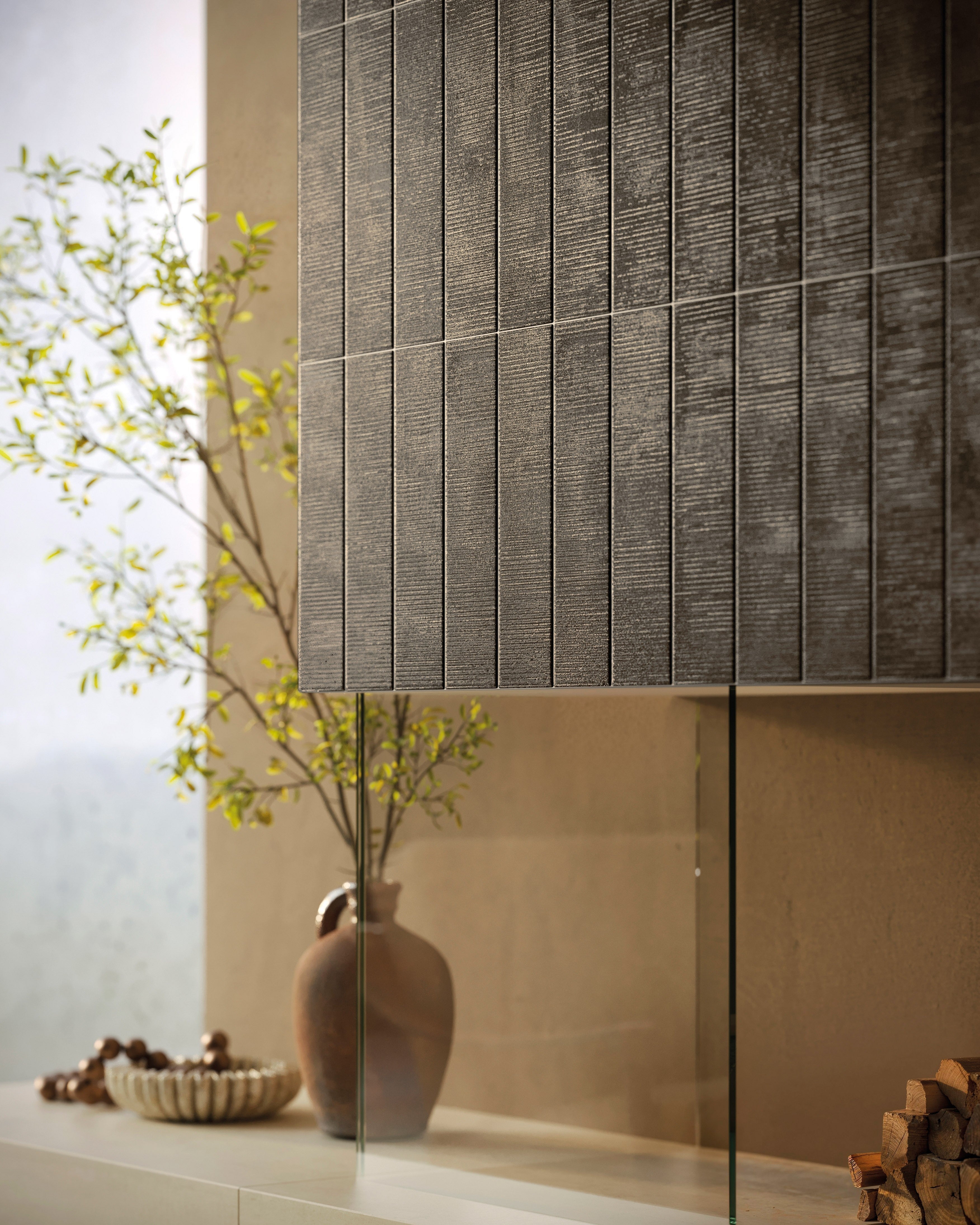 METALLIC REVERIE: Copper Deco Dream Groved Field Tile (4"x16"x8-mm | matte | pressed)