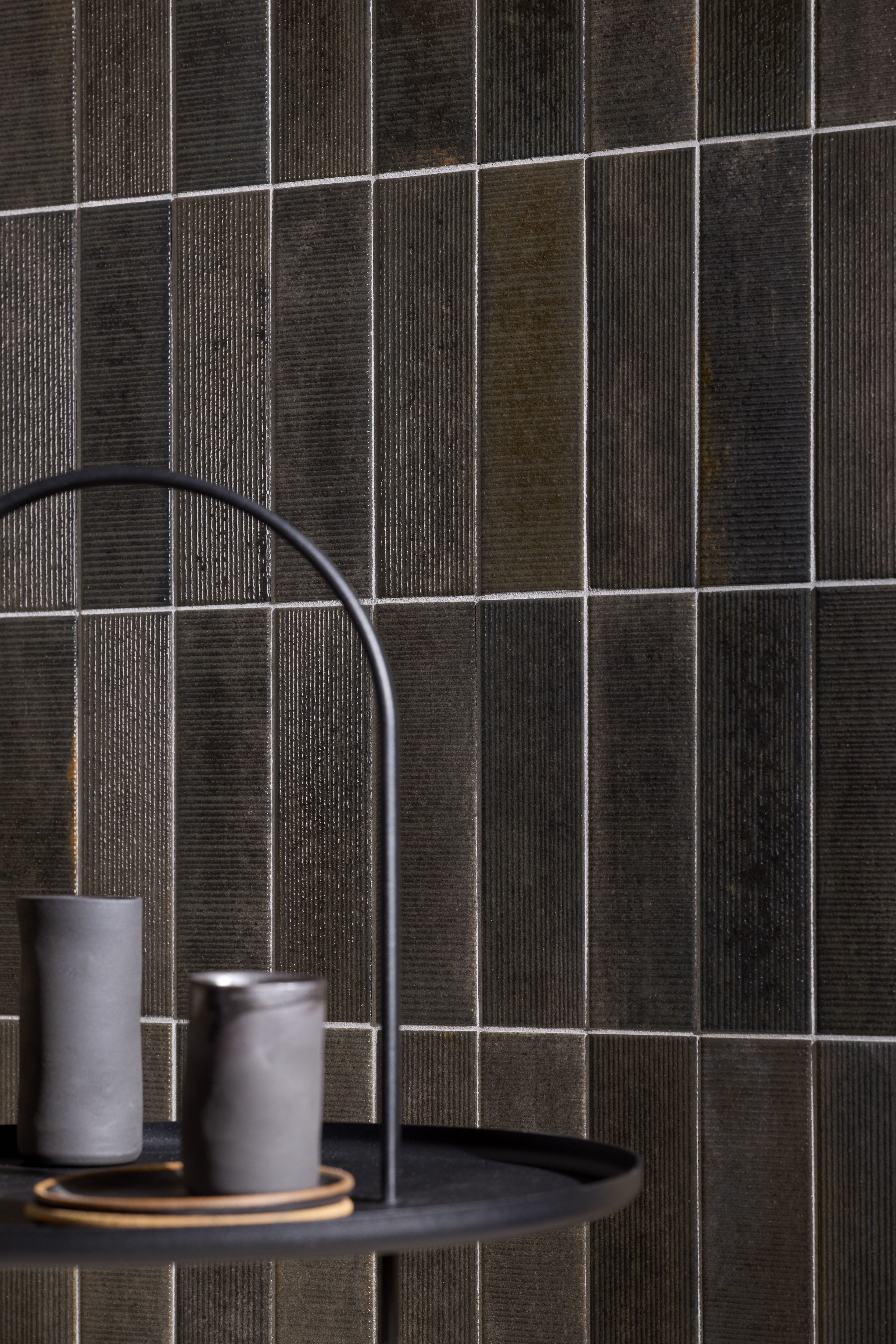 SCULPTED HARMONY: Charcoal Rhythm Textured Field Tile (2 1/2"x9"x9.5-mm | glossy | pressed)
