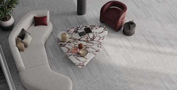 Pisa White porcelain trim, lifestyle installation view 1, 3"×24"×5/16" size. Premium porcelain for floors and walls.
