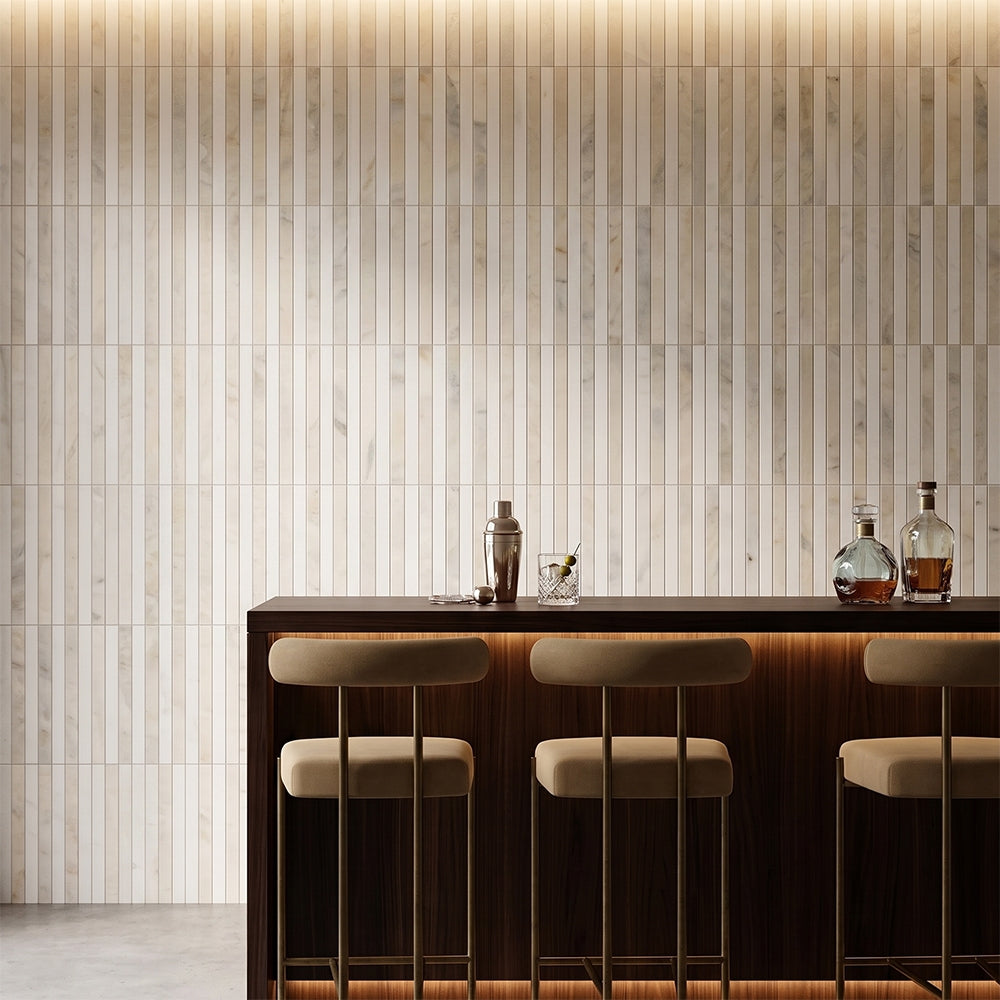 Calacatta Renaissance Honed Snow White, Calacatta marble mosaic, top-down product view, 12"×12"×3/8" size. Premium marble for floors and walls.