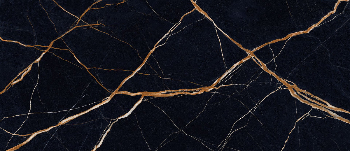 Unique Marble Sahara Noir porcelain field tile by Emil, silktech finish, 23 5/8"x47 1/4"x9.5-mm size. Premium Italian porcelain for floors and walls.