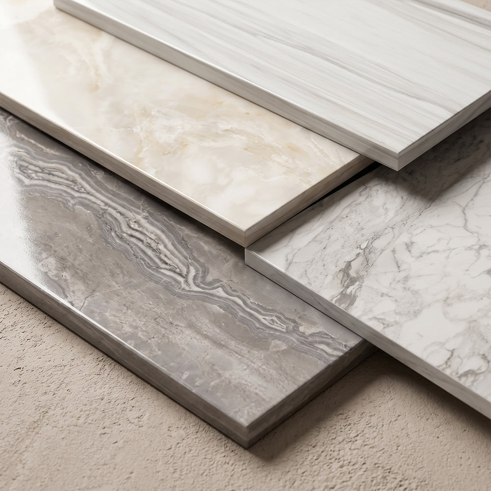 Elegante Porcelain Tile Romano Greige porcelain field tile, top-down product view, 12"×24"×3/8" size. Premium porcelain for floors and walls.