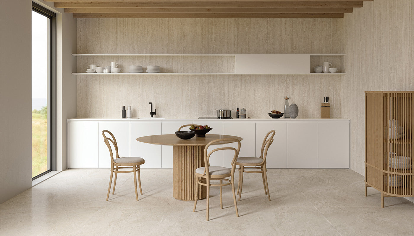 Unique Travertine White porcelain field tile by Emil, tecnica finish, 23 5/8"x47 1/4"x9.5-mm size. Premium Italian porcelain for floors and walls.