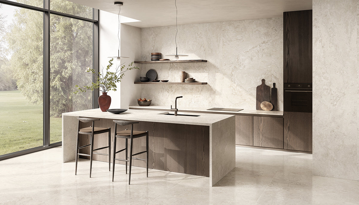 Unique Bourgogne Blanc porcelain field tile by Emil, tecnica finish, 23 5/8"x47 1/4"x9-mm size. Premium Italian porcelain for floors and walls.