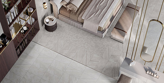 BARCELONA White porcelain trim, lifestyle installation view 2, 3"×24"×5/16" size. Premium porcelain for floors and walls.