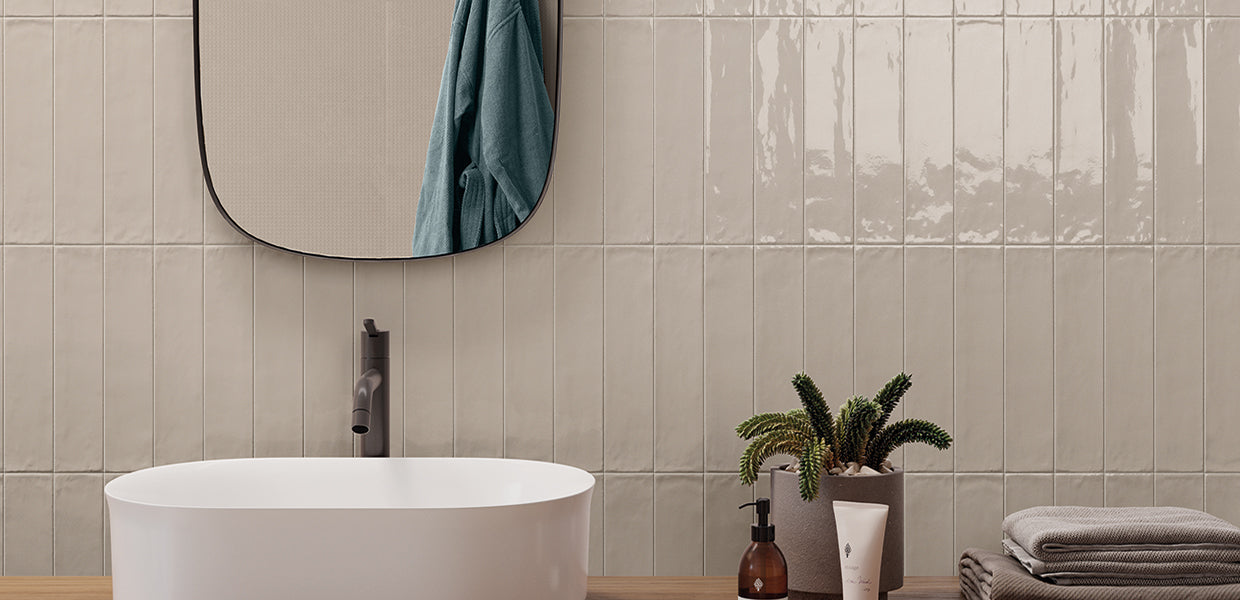 Totalook Sabbia porcelain field tile by Emil, lux finish, 2 3/8"x9 1/2"x9.5-mm size. Premium Italian porcelain for floors and walls.