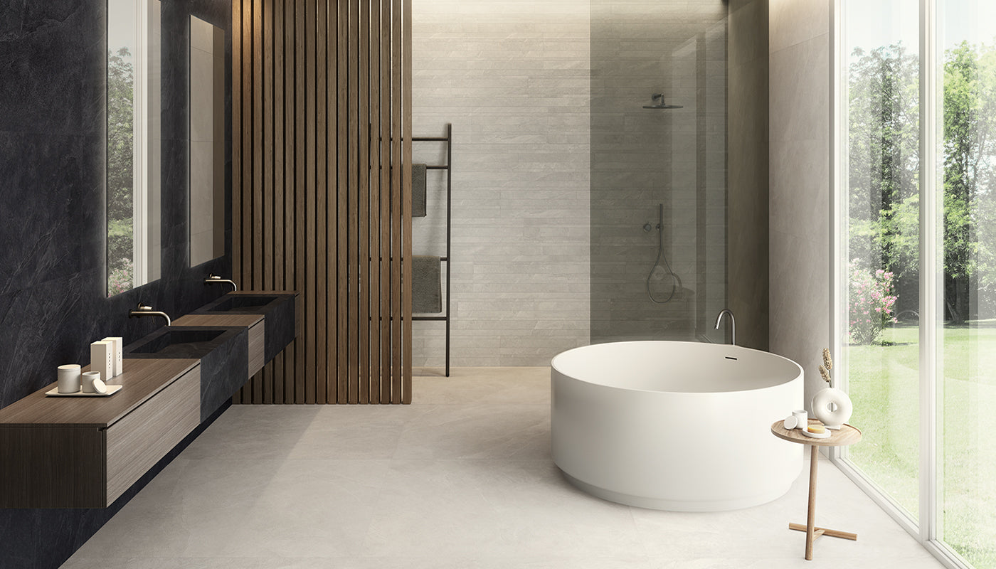 Cornerstone SLATE WHITE porcelain mosaic tile by Emil, naturale finish, 12"x24" size. Premium Italian porcelain for floors and walls.