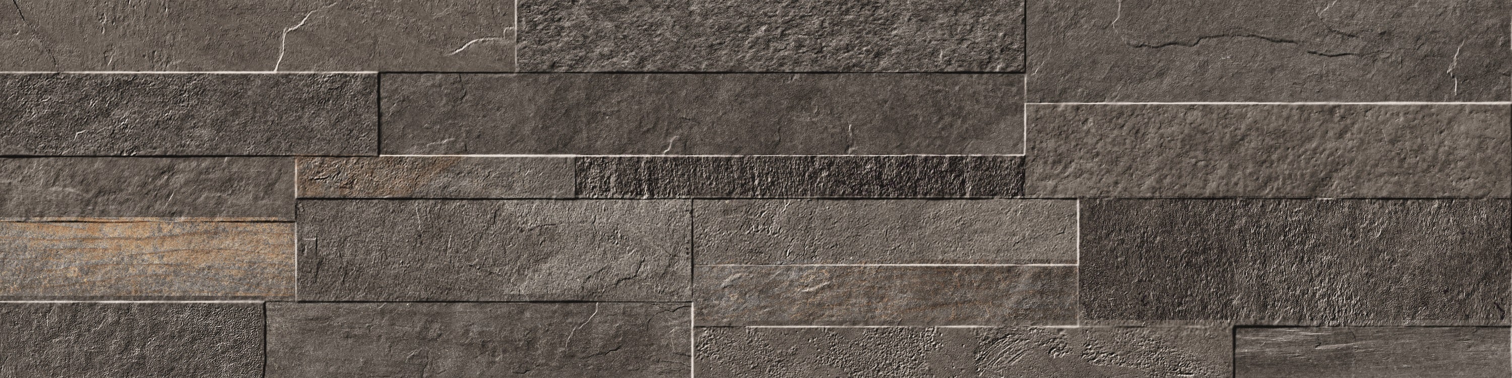 VENEER WORLD PRO LEDGESTONE RIDGE Black porcelain wall veneer, top-down product view, 6"×24"×11/32" size. Premium porcelain for floors and walls.