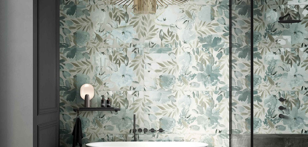 Deco Xl Green Ginkgo porcelain field tile, lifestyle installation view 1, 24"×48"×11/32" size. Premium porcelain for floors and walls.