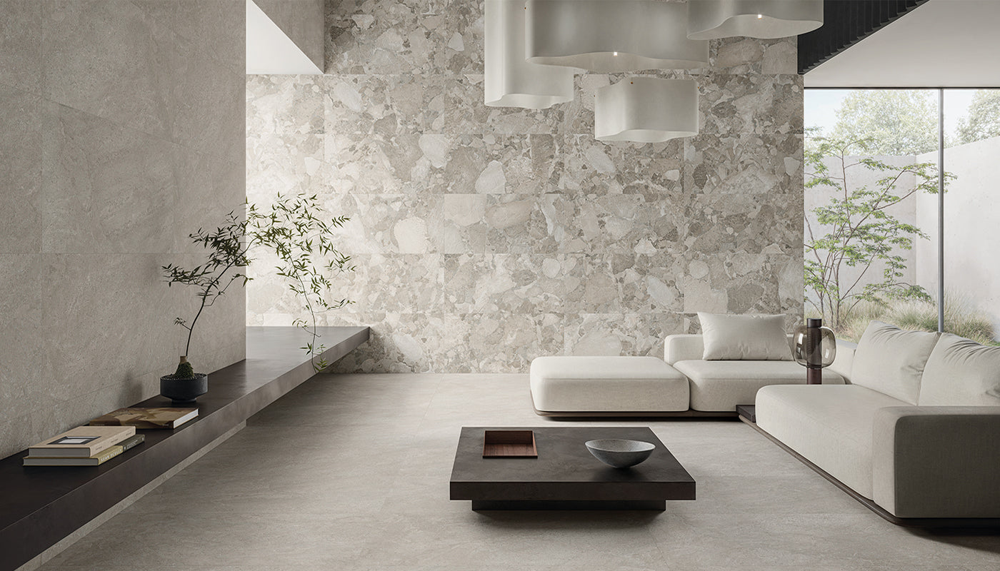 Matera Stone DARK GREY porcelain field tile by Emil, silktech finish, 48"x48" size. Premium Italian porcelain for floors and walls.
