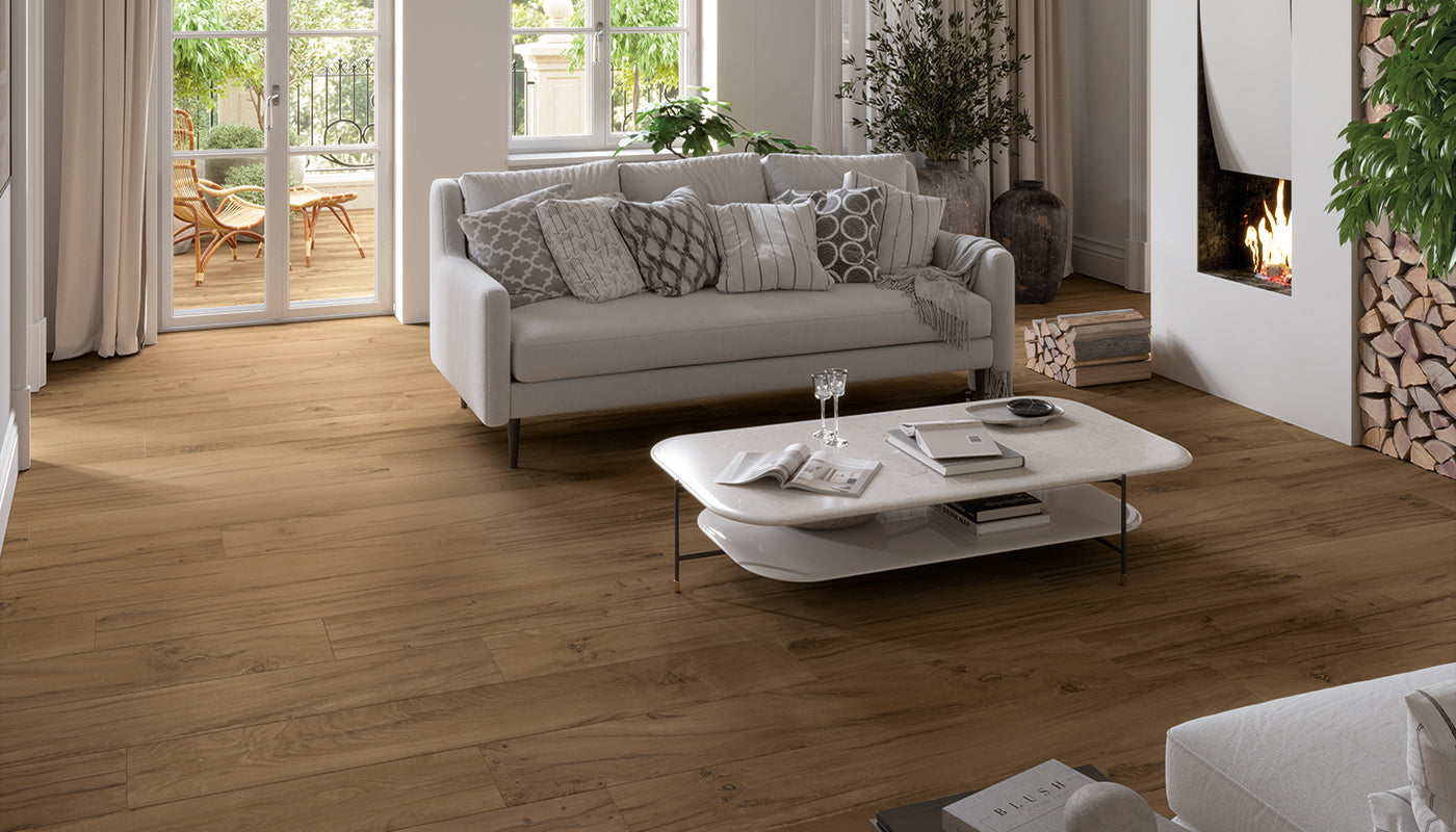 Revival Cuoio porcelain field tile by Emil, silktech plus finish, 7 7/8"x47 1/4"x9.5-mm size. Premium Italian porcelain for floors and walls.