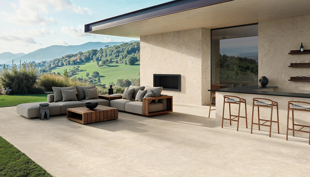 Unique Bourgogne Beige porcelain field tile by Emil, tecnica finish, 23 5/8"x47 1/4"x9-mm size. Premium Italian porcelain for floors and walls.