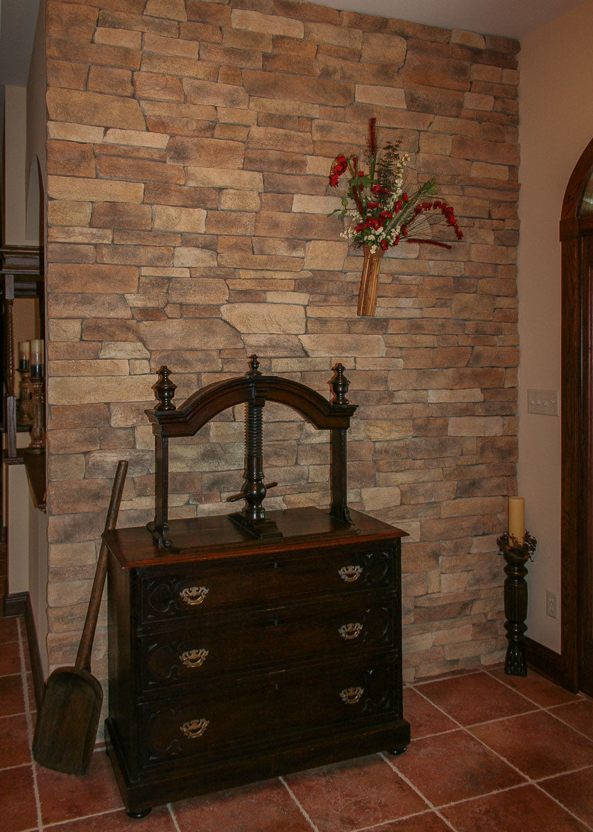 Cliffstone Cambria manufactured stone accessories by Eldorado Stone, lifestyle installation view 4, 1 1/4"–5 1/2"×4"–21 1/4"×5/8"–2 3/8" size. Premium manufactured stone for exterior and interior walls.