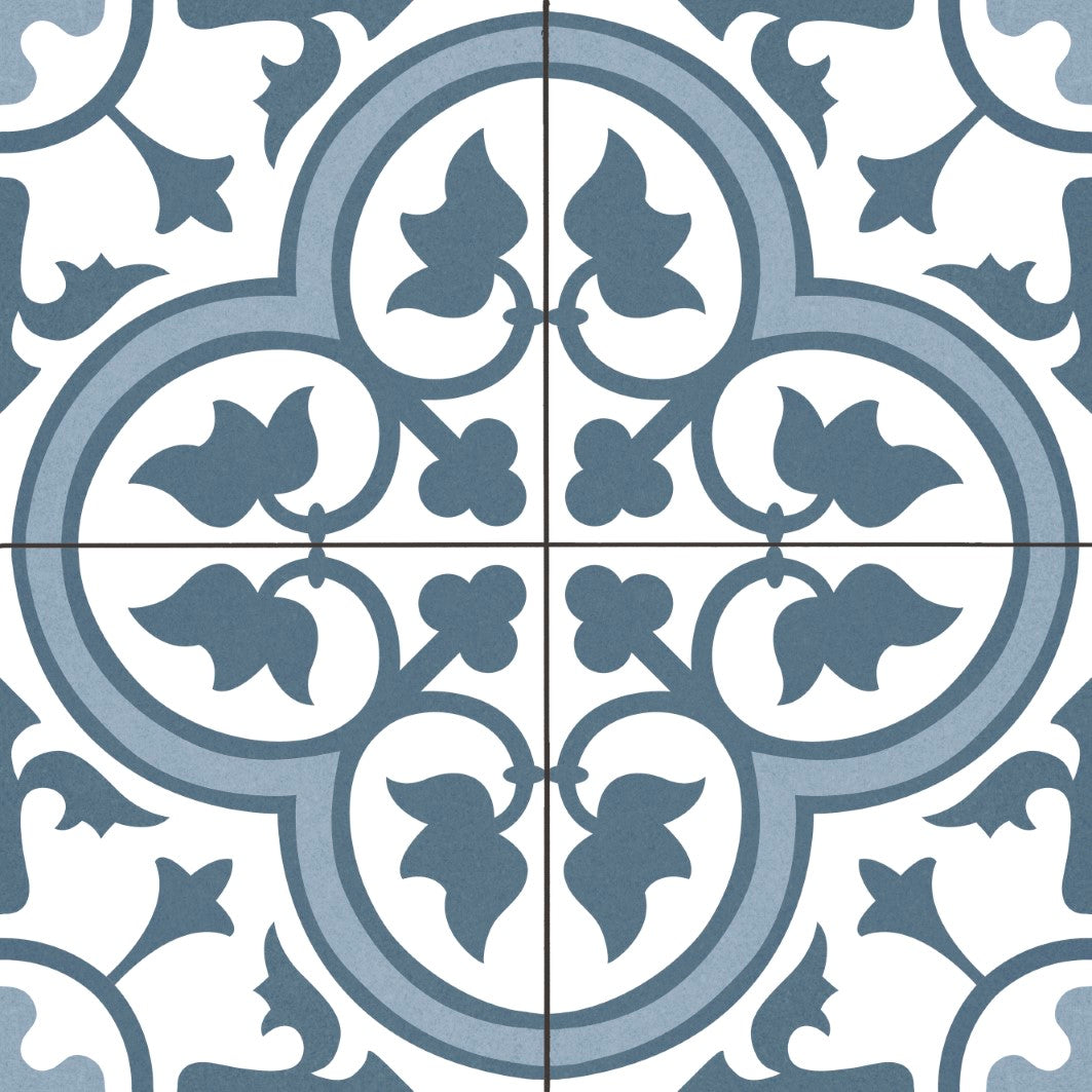 Elon Barcelona Deco Dover Blue Porcelain Field Tile, 18x18 Matte Finish, Decorative Pattern for Flooring and Walls