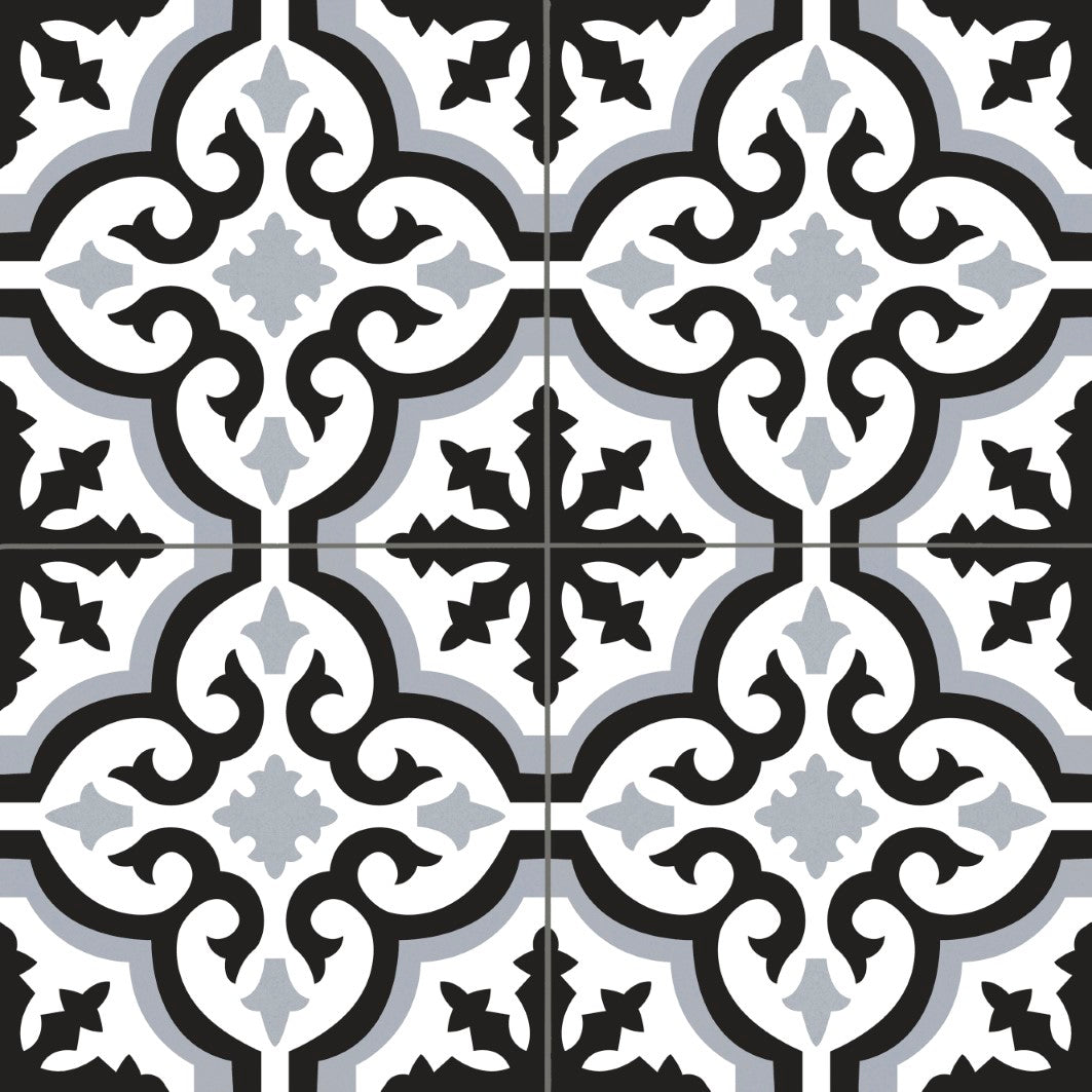 Elon Barcelona Deco Savoy Black 18x18 Porcelain Field Tile with Matte Finish for Flooring and Wall Decor.