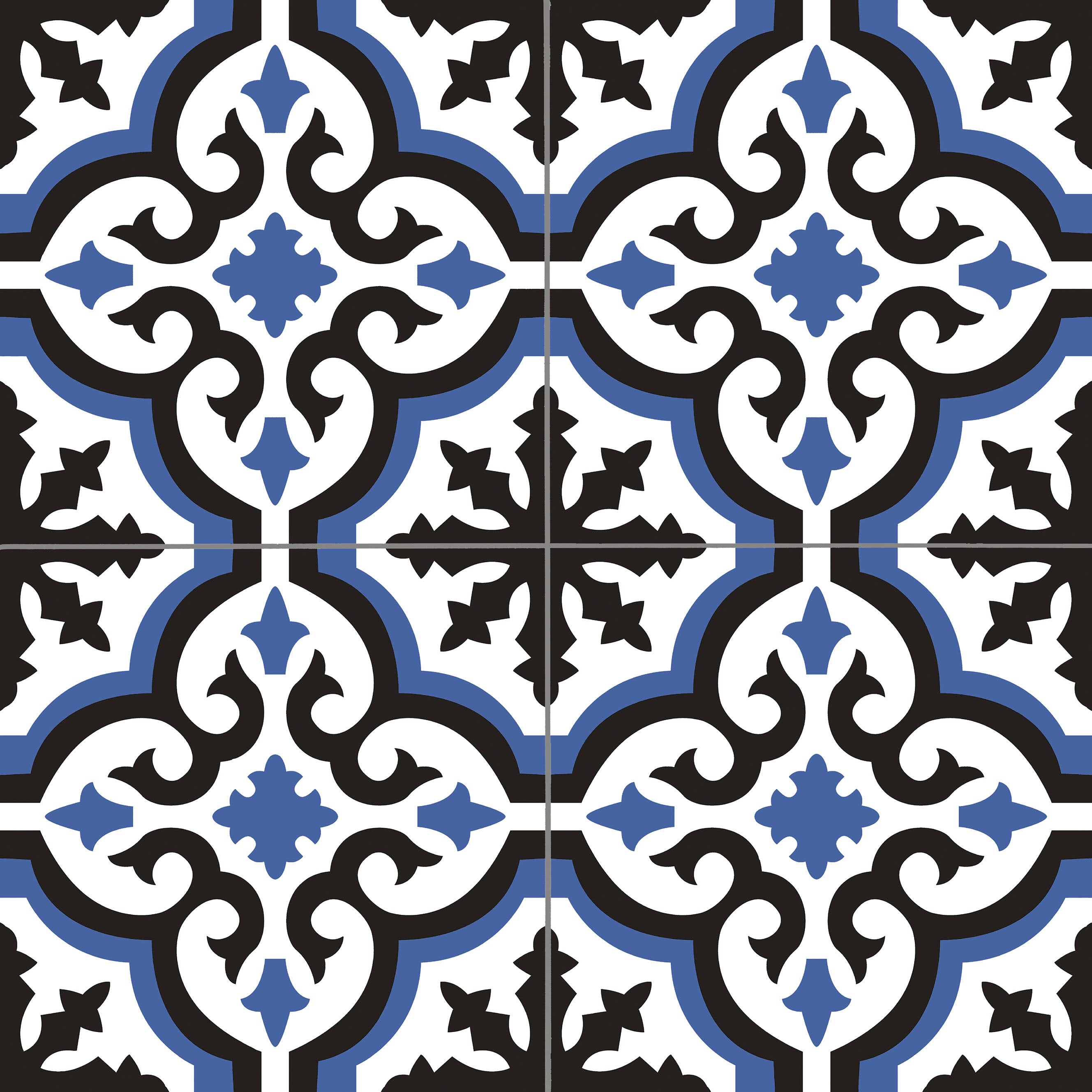 Alt text: "Elon Barcelona Deco Savoy Blue 18x18 porcelain field deco tile with a matte finish, featuring intricate geometric and floral patterns for stylish flooring or wall design."