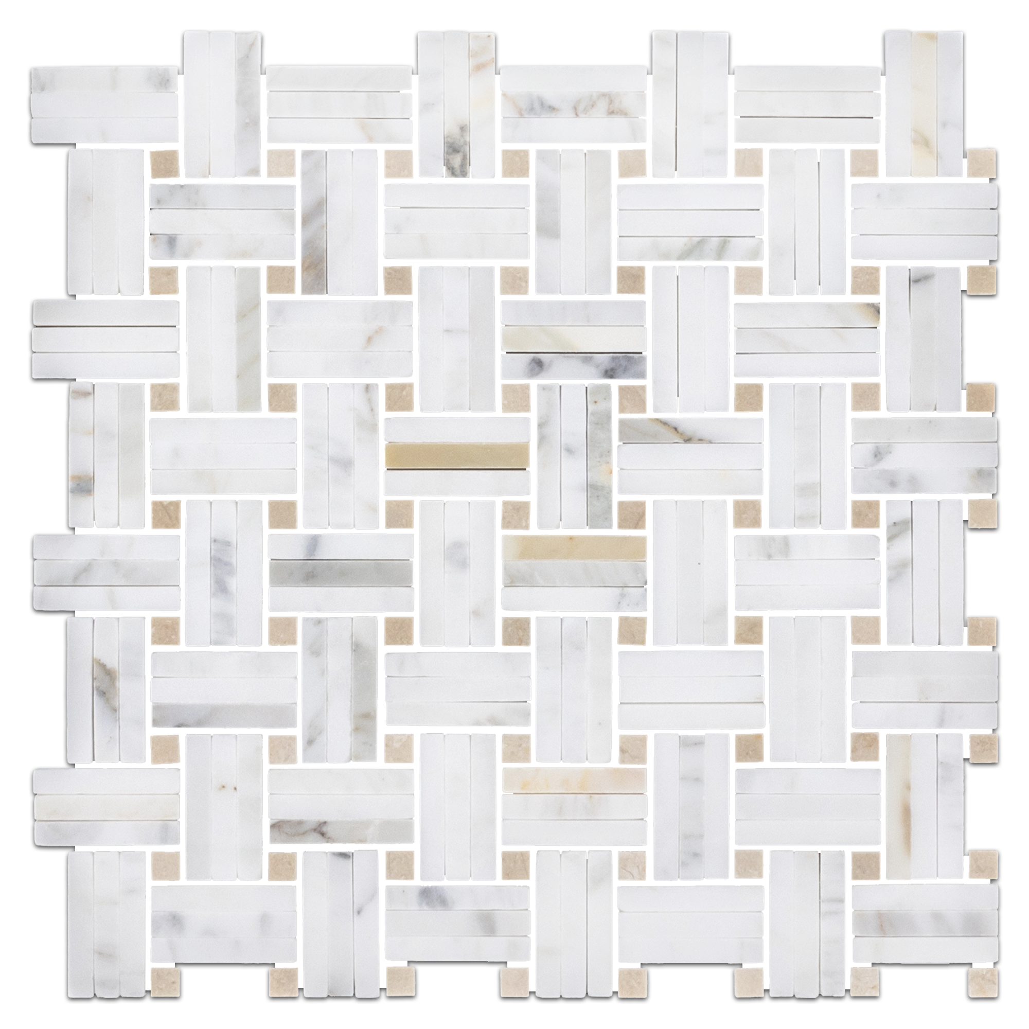 Elon Calacatta Gold Crema Marfil Marble Tri Weave Basketweave Field Mosaic 12x12x0.375 Honed - Surface Group International