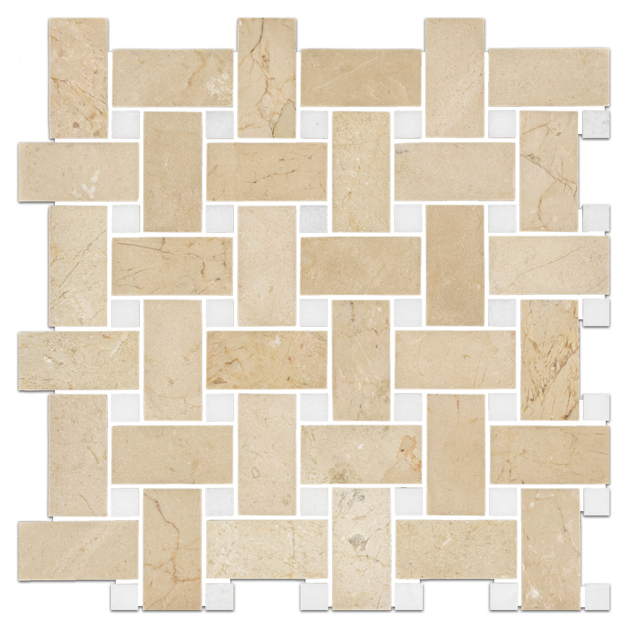 Alt text: "Elon Crema Marfil and White Thassos Marble Stone Blend Basketweave Mosaic Tile, 12x12 inch, Polished Finish, for Elegant Flooring and Wall Design."