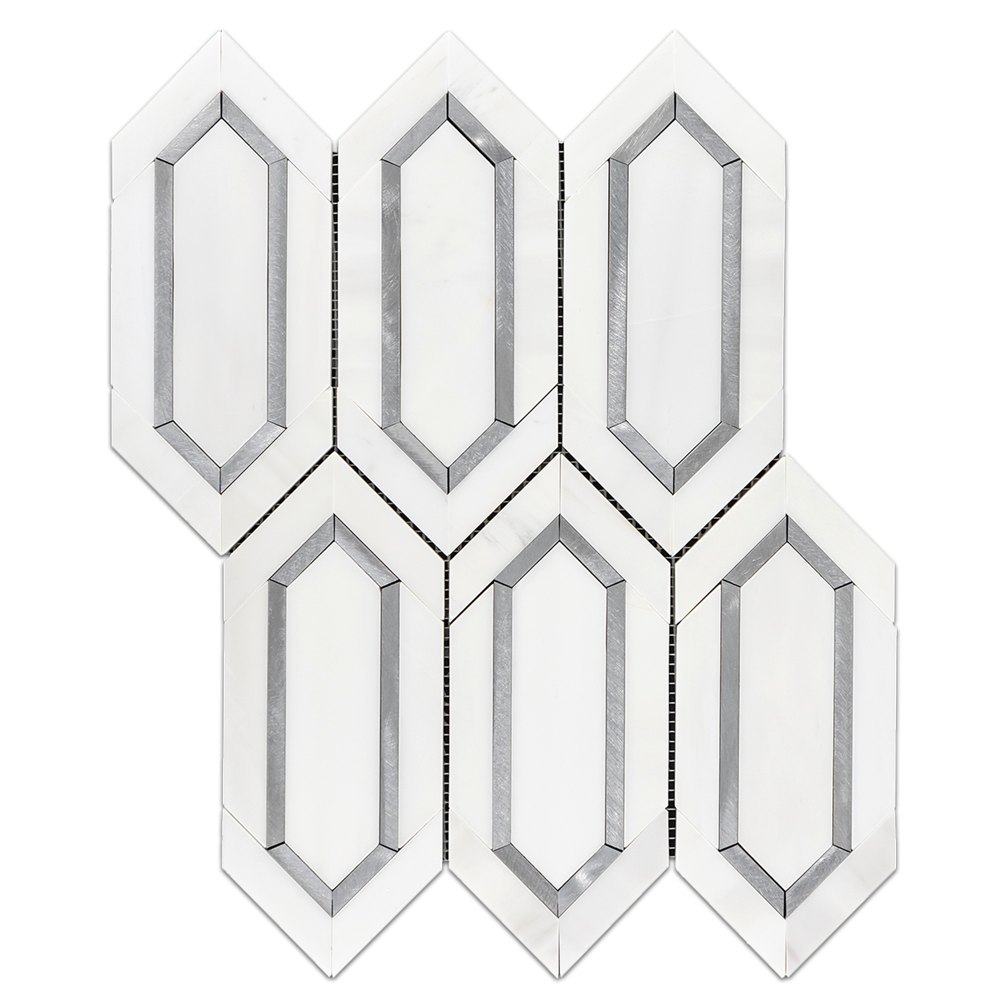 Elon Dolomite Silver Aluminum Marble Outlined Picket Field Mosaic Tile 11.5x14.3125x0.375 Honed - Surface Group International