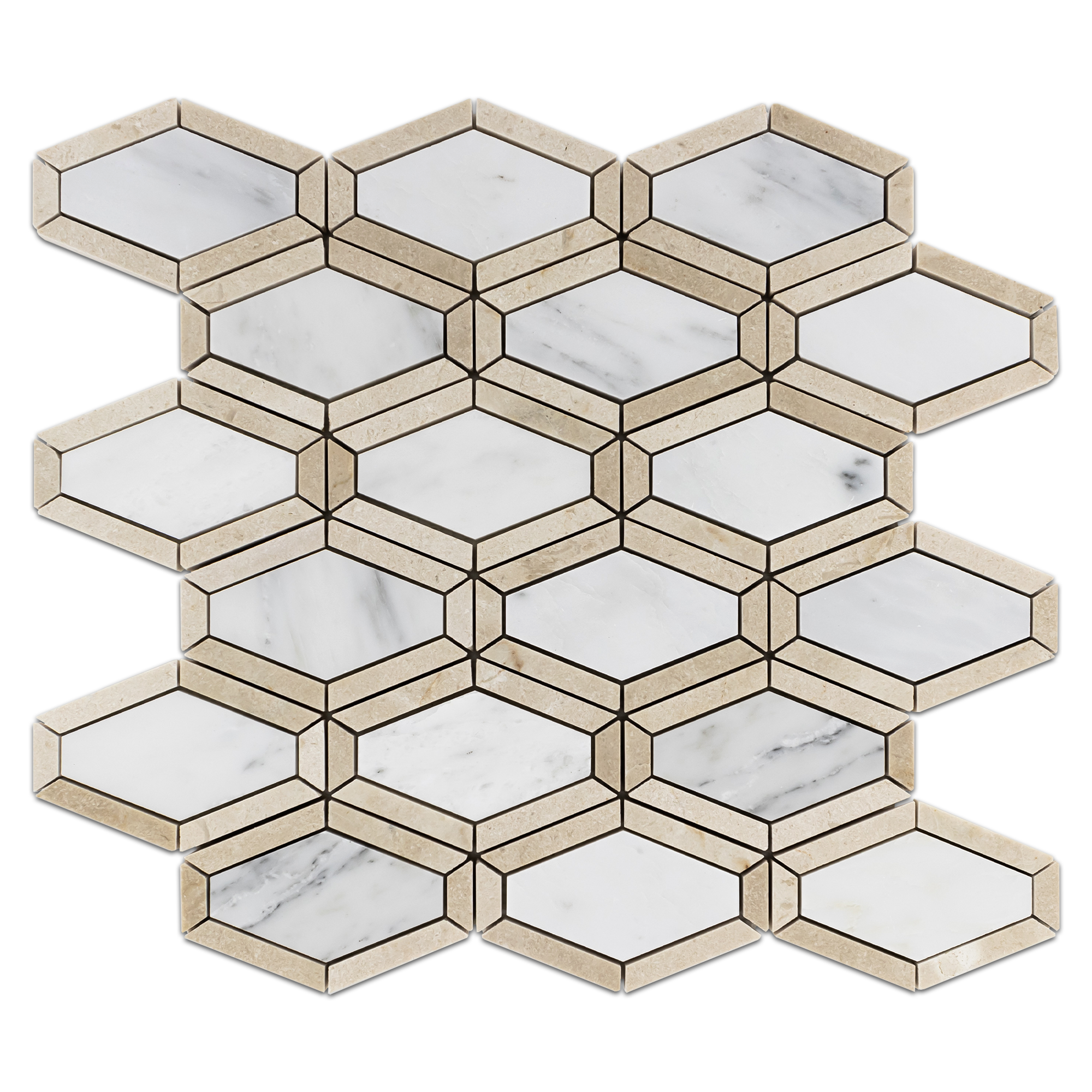 Elon Pearl White Crema Marfil Marble Framed Long Hex Field Mosaic 12.75x13.375x0.375 Honed - Surface Group Online Tile Store