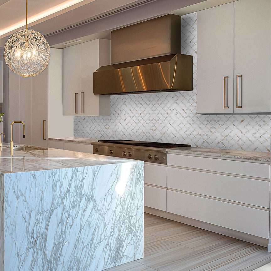 Elon Tile Calacatta Gold Mosaic tile in a room setting β available at Surface Group