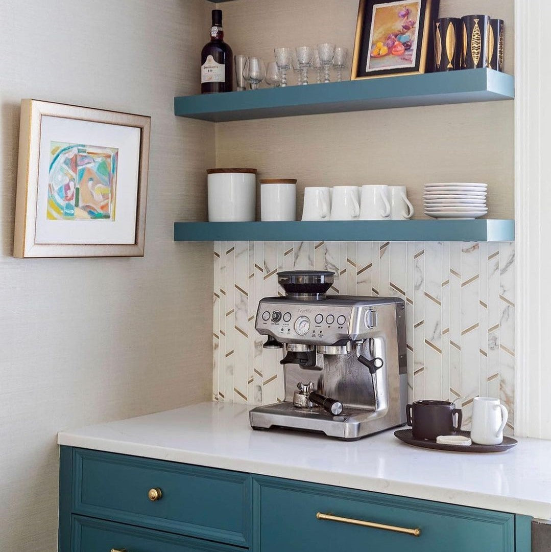 Elon Tile Calacatta Gold Mosaic tile in a room setting — available at Surface Group