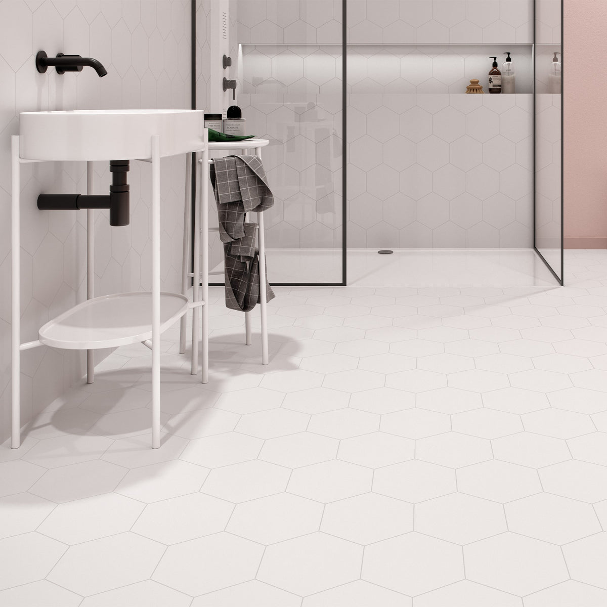 Elon Tile Hexagon Porcelain tile in a room setting — available at Surface Group