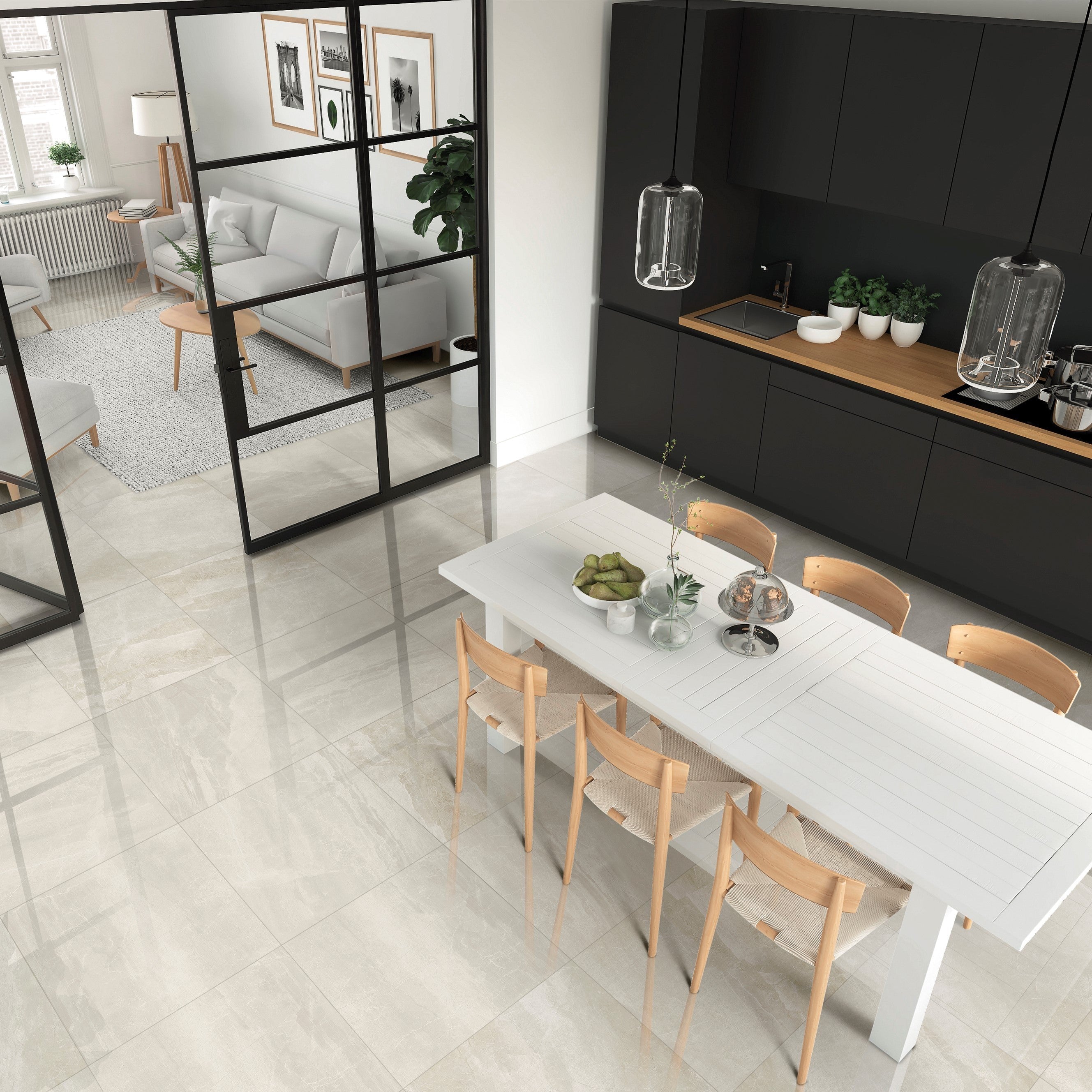 Elon Tile Nuance White Shell tile in a room setting β available at Surface Group